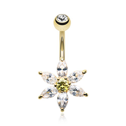 Golden Glistening Flower Bliss Cubic Zirconia Belly Button Ring