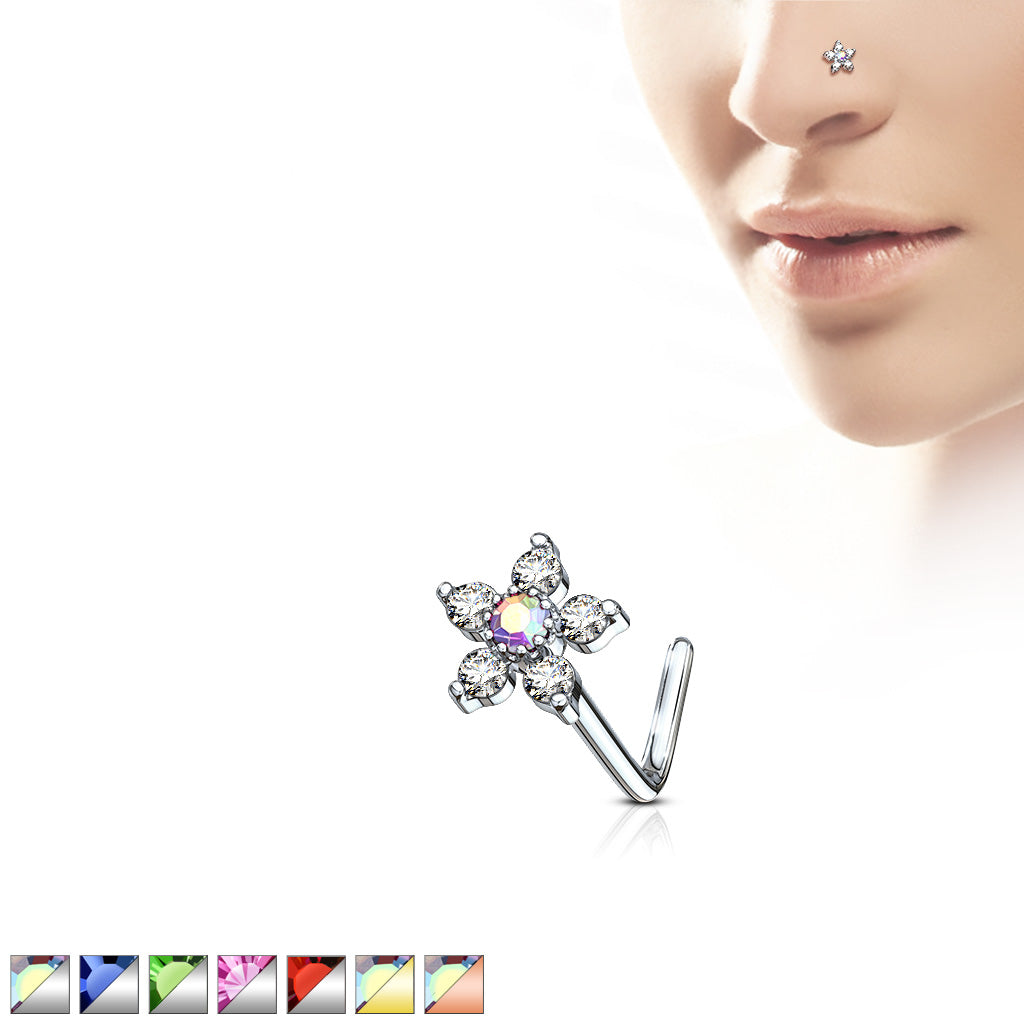 6 CZ Flower L bend Nose Stud Rings