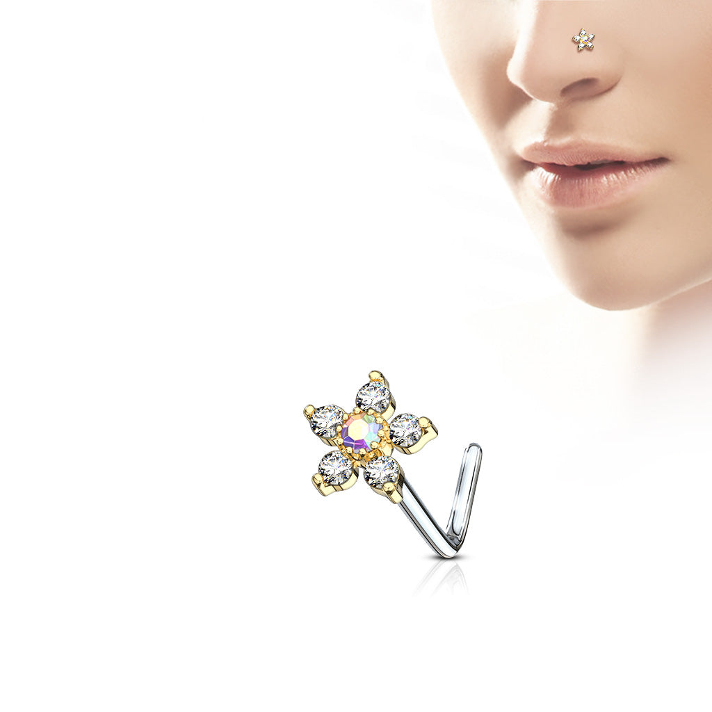 6 CZ Flower L bend Nose Stud Rings