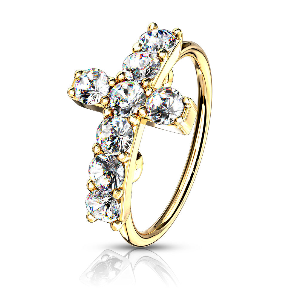 CZ Paved Cross Steel Nose Hoop Rings