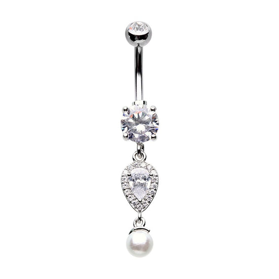 Pearl Teardrop Cubic Zirconia Belly Button Ring