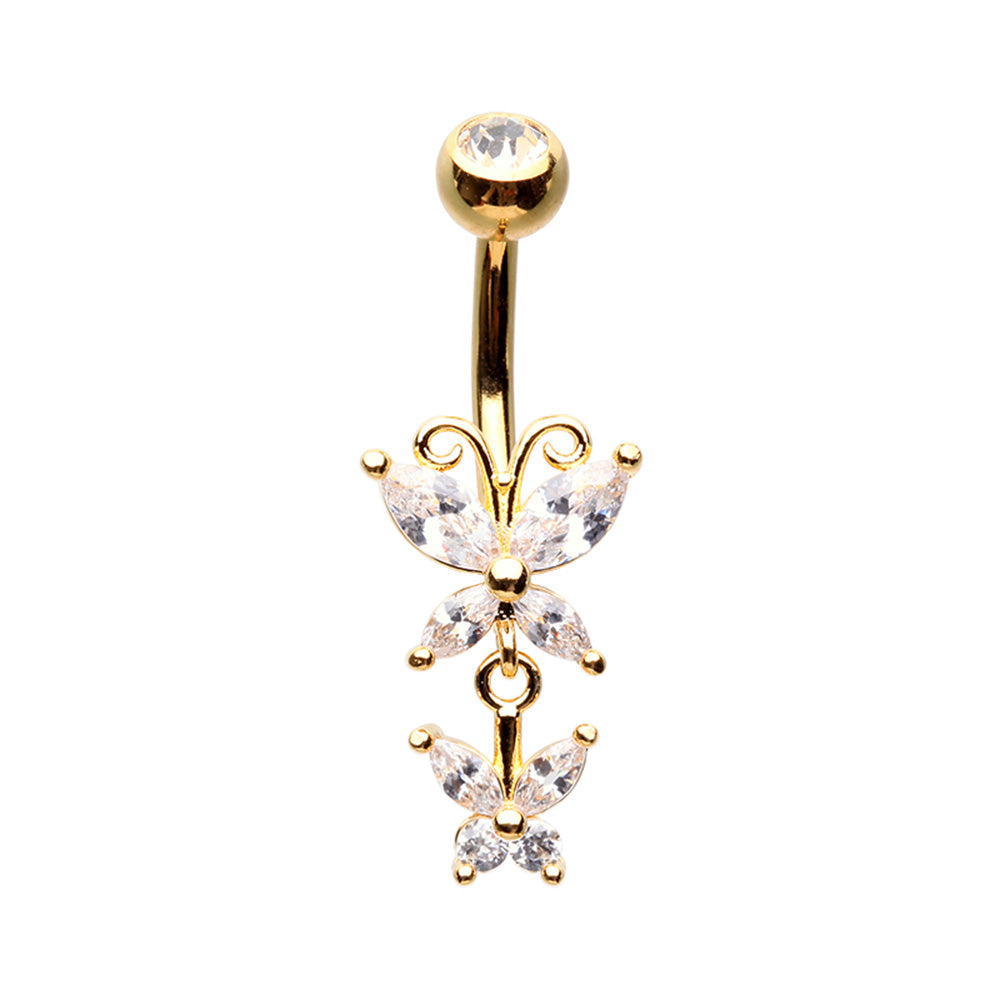 Double Butterfly Drop Cubic Zirconia Belly Button Ring