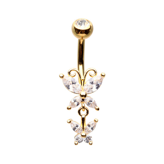 Double Butterfly Drop Cubic Zirconia Belly Button Ring