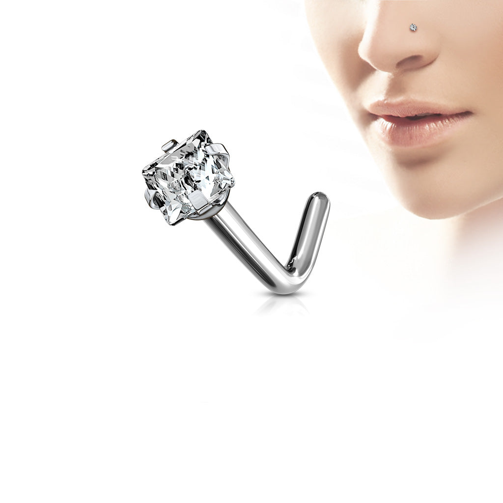 CZ Implant Titanium Nose Stud With Prong Set Square CZ
