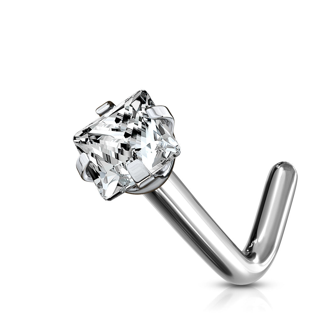Implant Grade Titanium Square Prong White CZ L shape Nose Stud Implant Grade Titanium Square Prong White CZ L shape Nose Stud